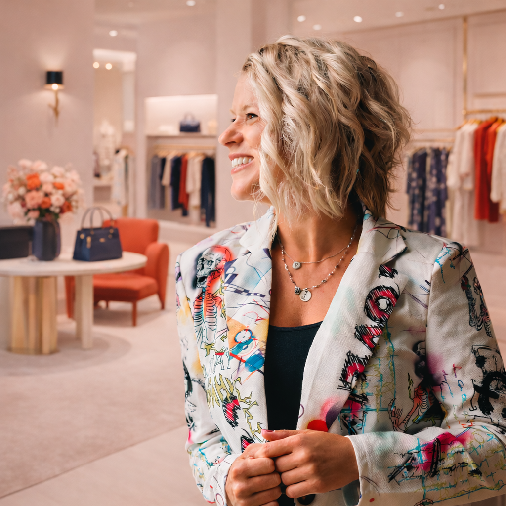 Woman in a colorful jacket smiling in a clothing store
