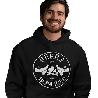 A person wearing a Beers And Bonfires Black Hoodie smiling at the camera