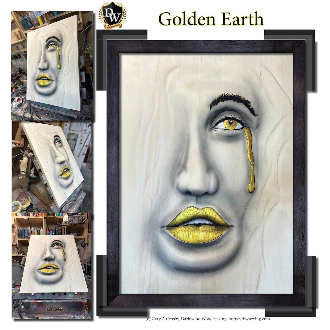 Artistic depiction of a face with yellow accents in a darkly framed setting, with 'Golden Earth' branding.
