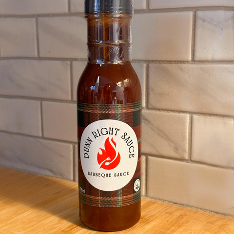 a bottle of Dunn Right Barbeque Sauce on a counter